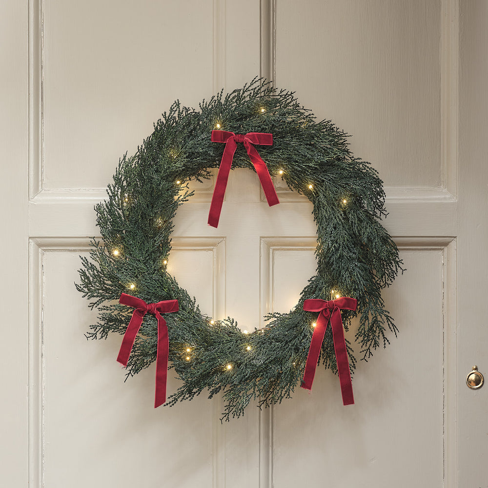 Couronne de Noël d’Extérieur Pré-éclairée à Rubans Rouges de 60 cm