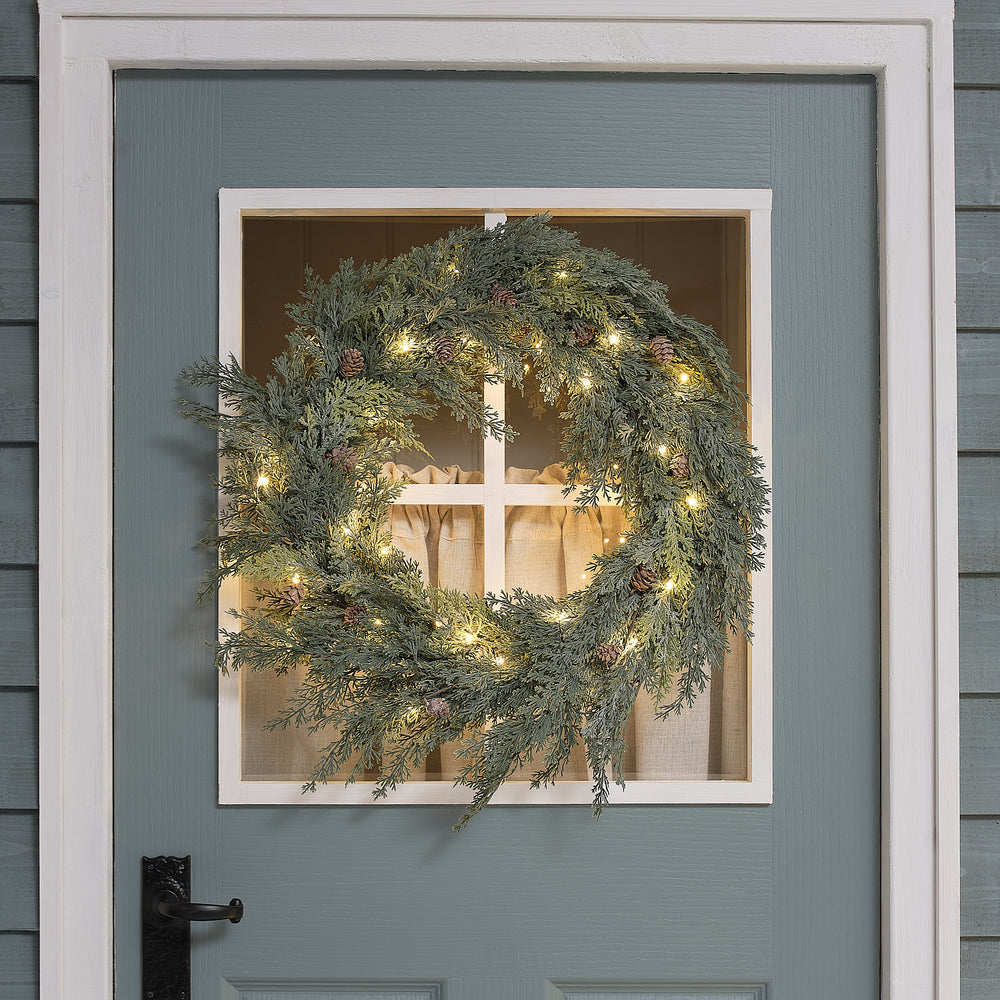 Couronne de Noël d’Extérieur Pré-éclairée Conifère et Pommes de Pin de 60 cm Effet Givré