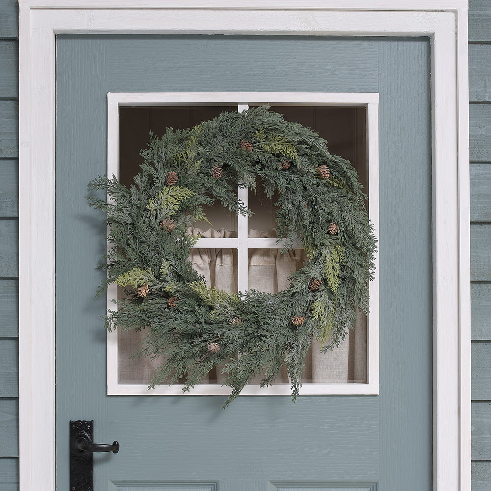 Couronne de Noël d’Extérieur Pré-éclairée Conifère et Pommes de Pin de 60 cm Effet Givré