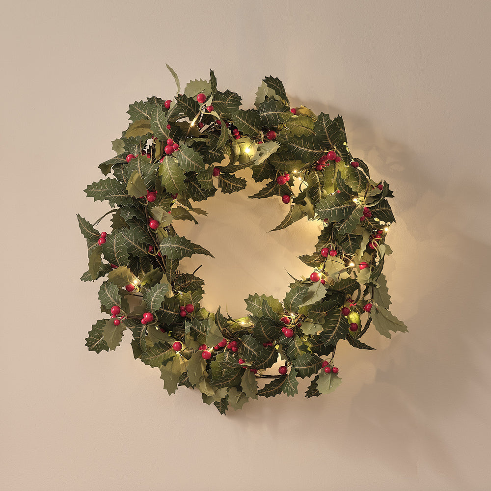 Couronne de Noël d’Extérieur Pré-éclairée Houx Classique de 60 cm