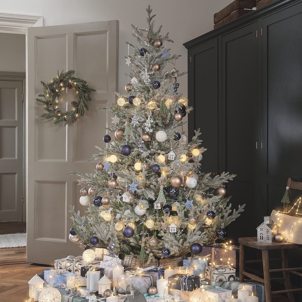Couronne de Noël Pré-éclairée Au Clair des Étoiles de 50 cm