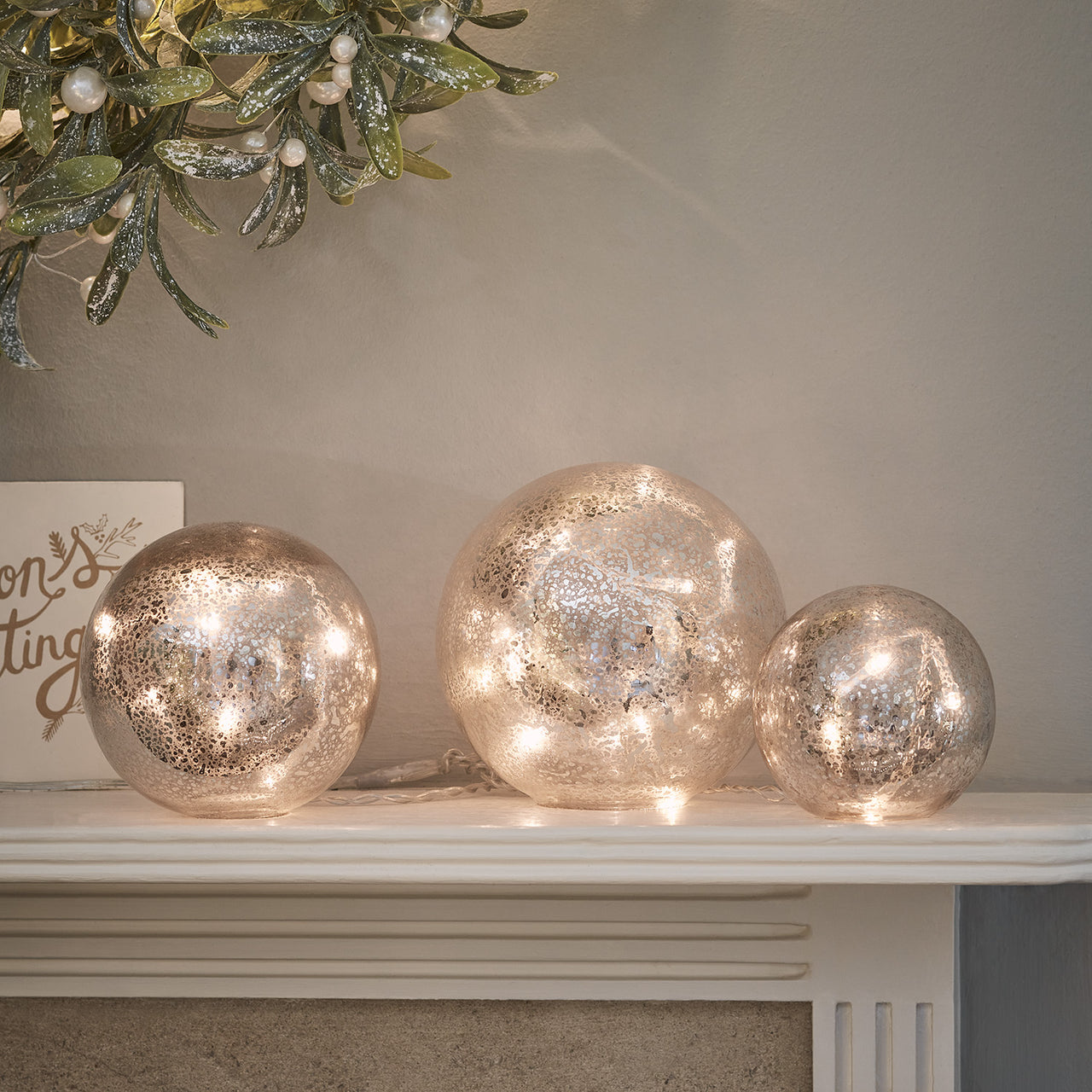 3 Boules Lumineuses en Verre Argenté Vieilli avec Télécommande