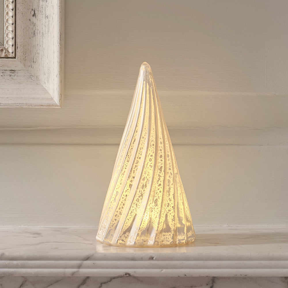 Sapin Lumineux de Table en Verre, Finition Patine Blanche