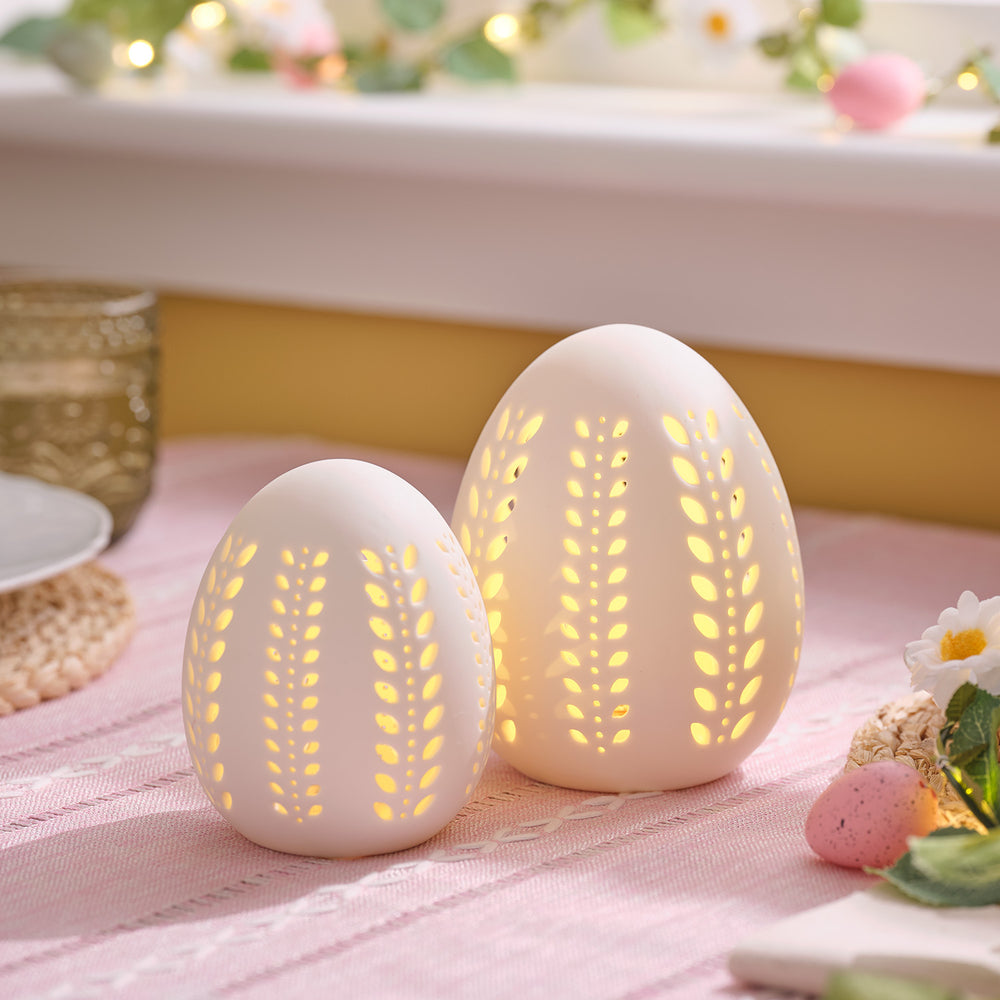 2 Œufs Lumineux LED en Porcelaine avec Motifs Découpés