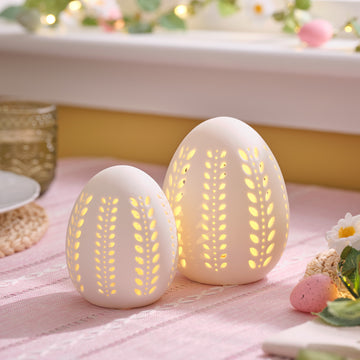 2 Œufs Lumineux LED en Porcelaine avec Motifs Découpés