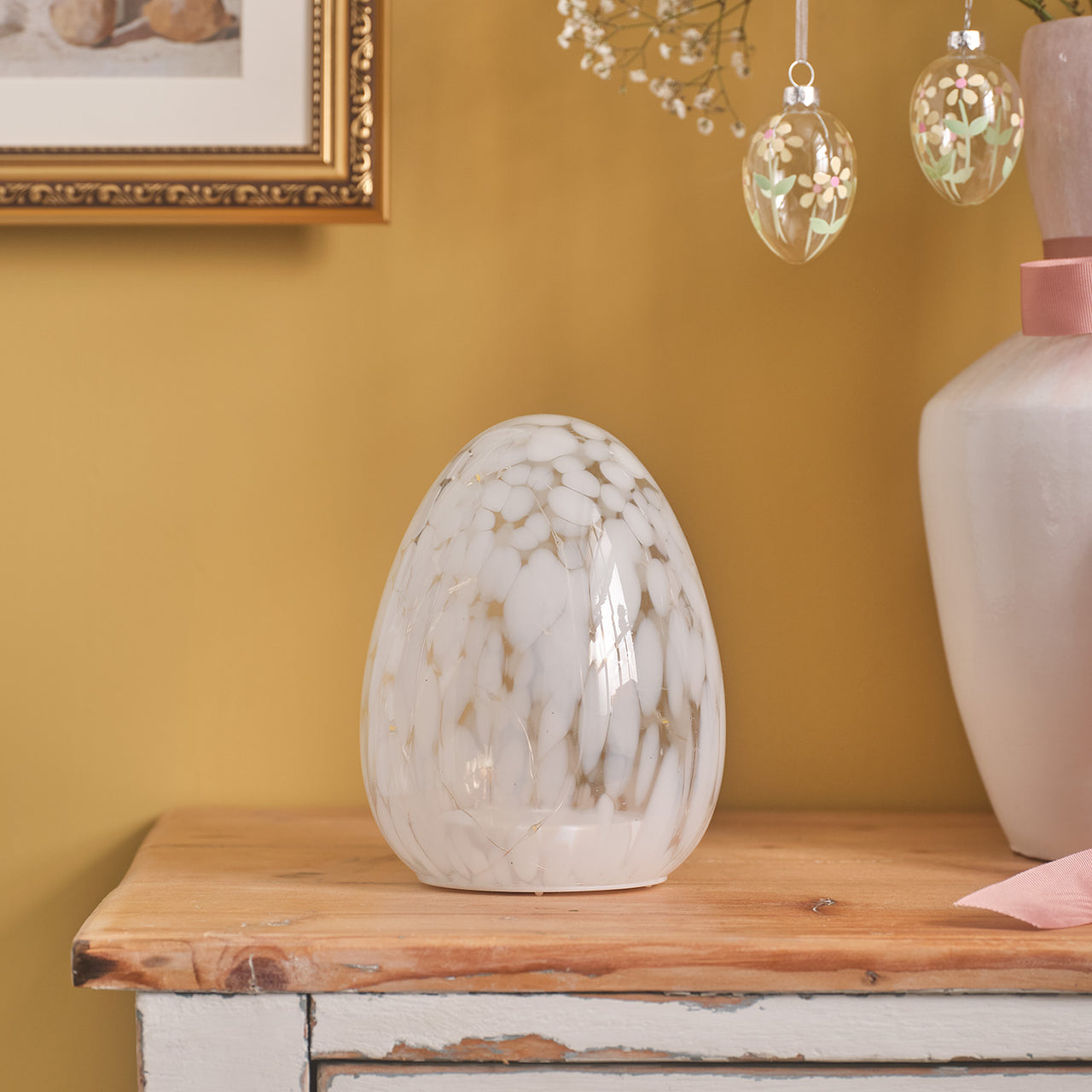 Œuf Lumineux en Verre Moucheté Blanc