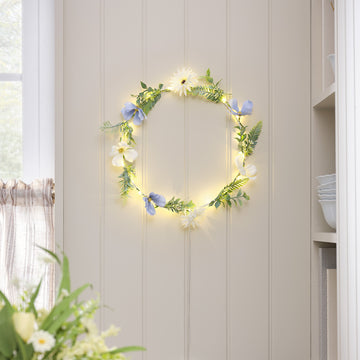 Couronne pré-éclairée Fleurs Bleues et Blanches