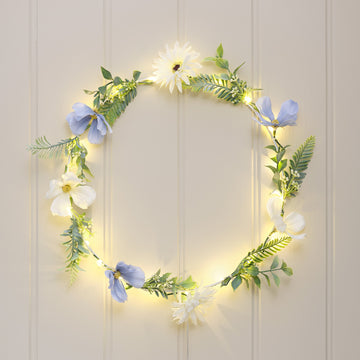 Couronne pré-éclairée Fleurs Bleues et Blanches