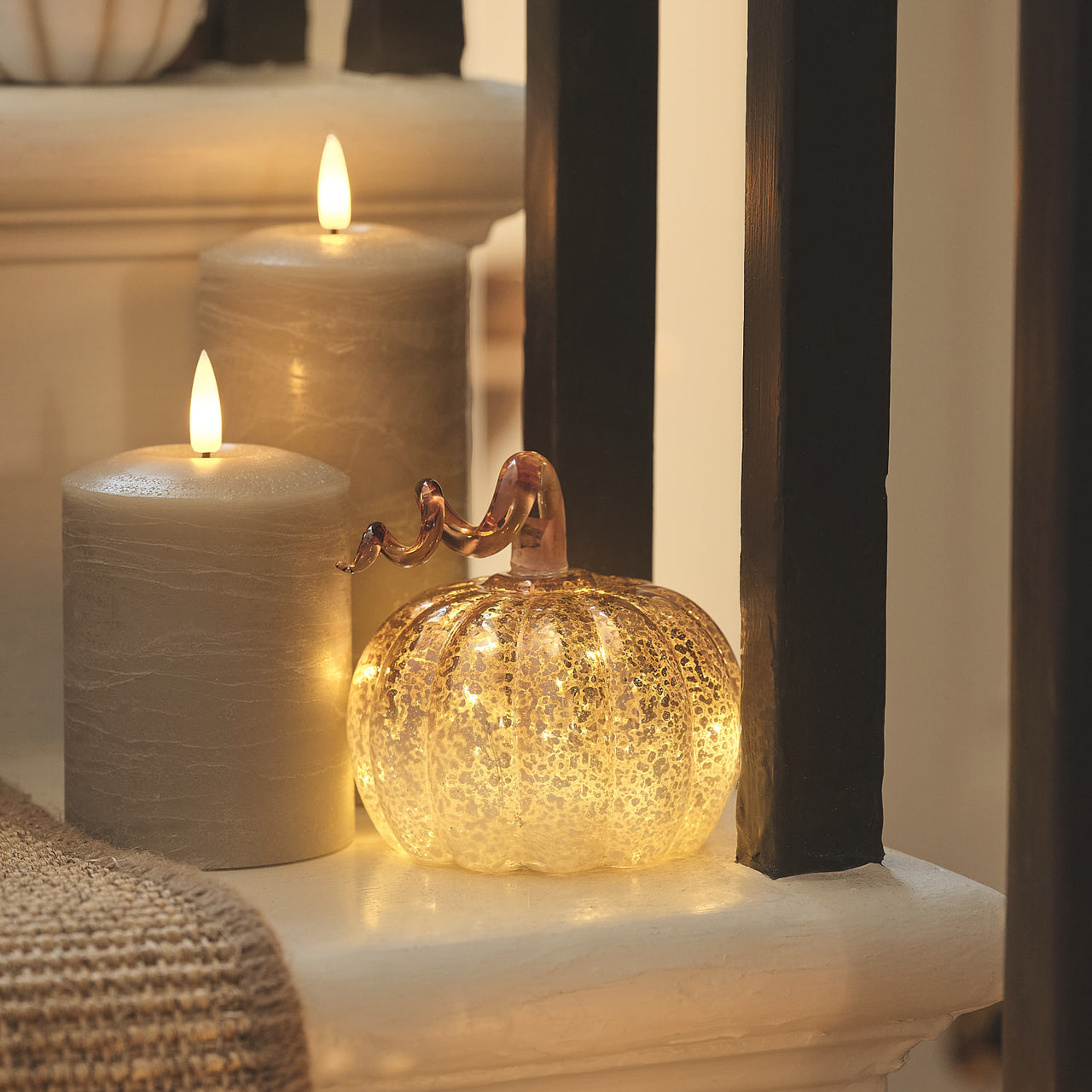 Lot de 2 Citrouilles Lumineuses en Verre Effet Mercure Dégradé avec Tige Spirale