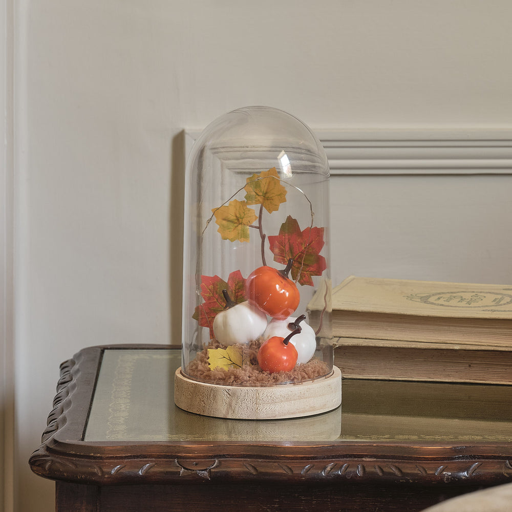 Cloche en Verre Lumineuse Citrouilles d’Automne