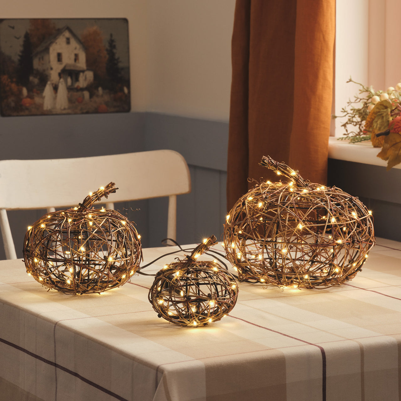 Lot de 3 Citrouilles Lumineuses en Osier à Micro LED