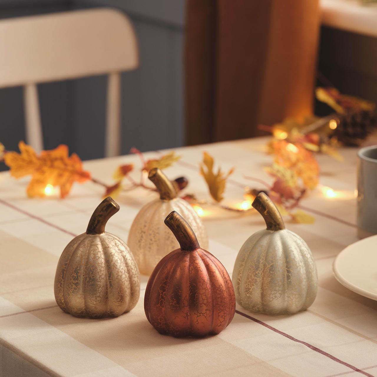 Lot de 4 Mini Citrouilles Lumineuses en Verre à la Patine Blanche