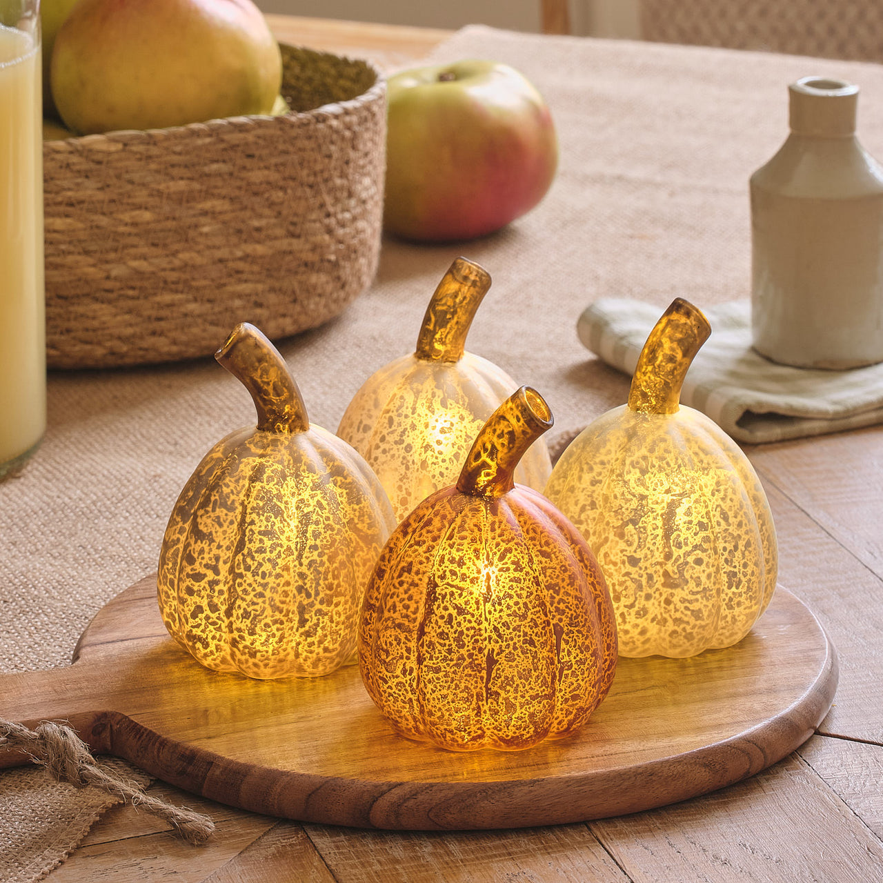 Lot de 4 Mini Citrouilles Lumineuses en Verre à la Patine Blanche