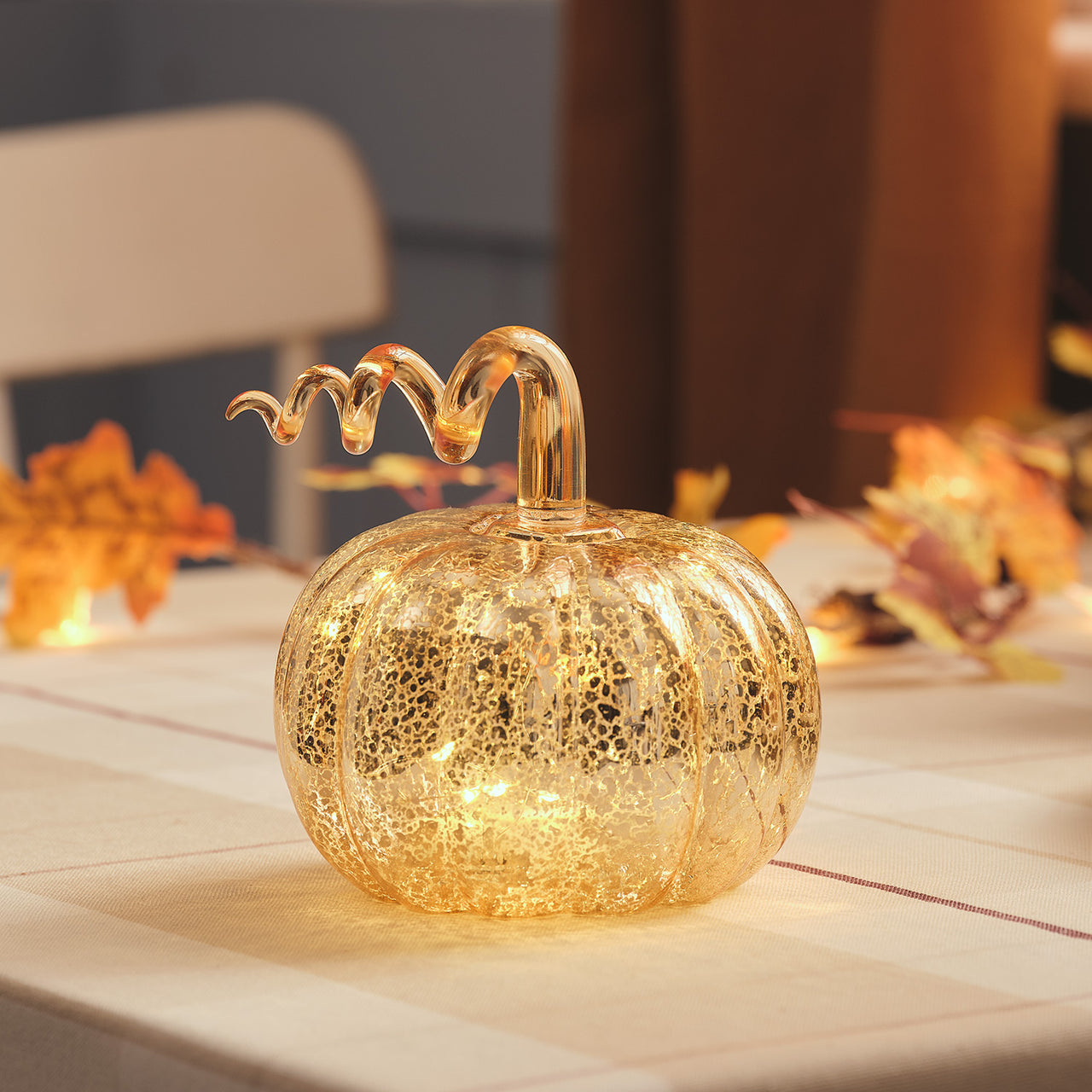 Citrouille Lumineuse Dorée en Verre Effet Mercure à Tige Spirale