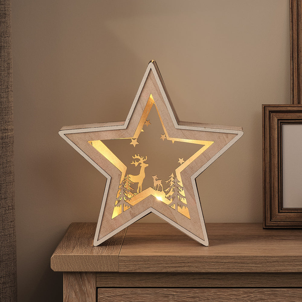 Décoration Lumineuse en Bois Scène de Noël Sous les Étoiles de 28 cm
