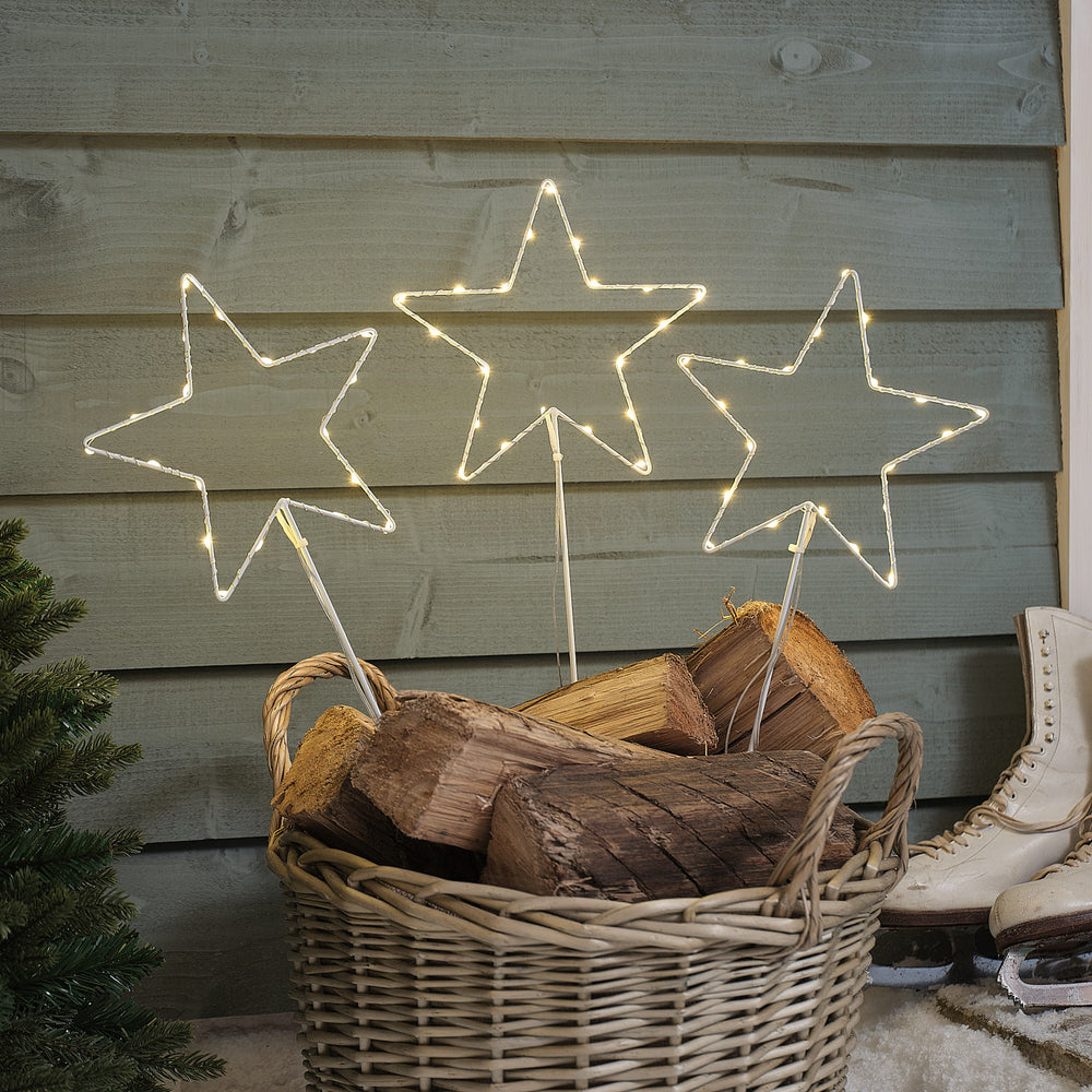 Lot de 3 Piquets de Jardin Étoiles Blanches en Métal à Micro LED