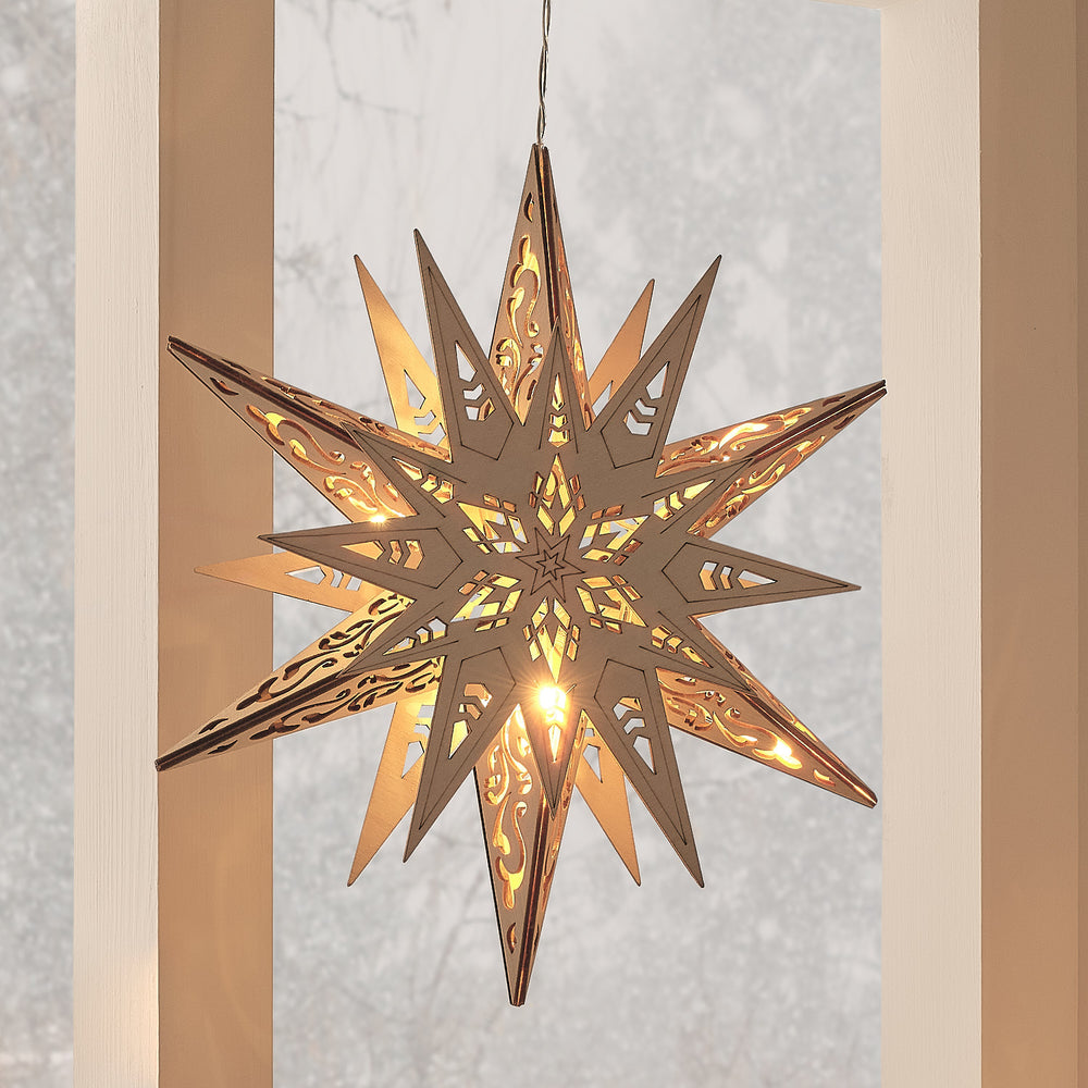 Étoile Lumineuse en Bois de 30 cm à Suspendre avec Télécommande