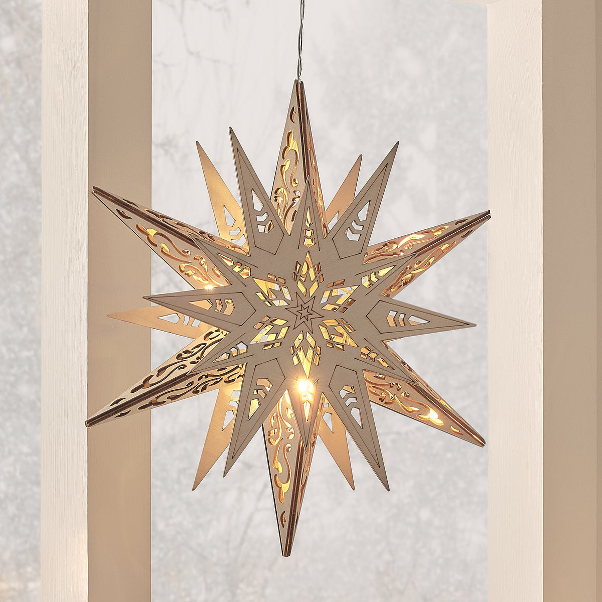 Étoile Lumineuse en Bois de 30 cm à Suspendre avec Télécommande