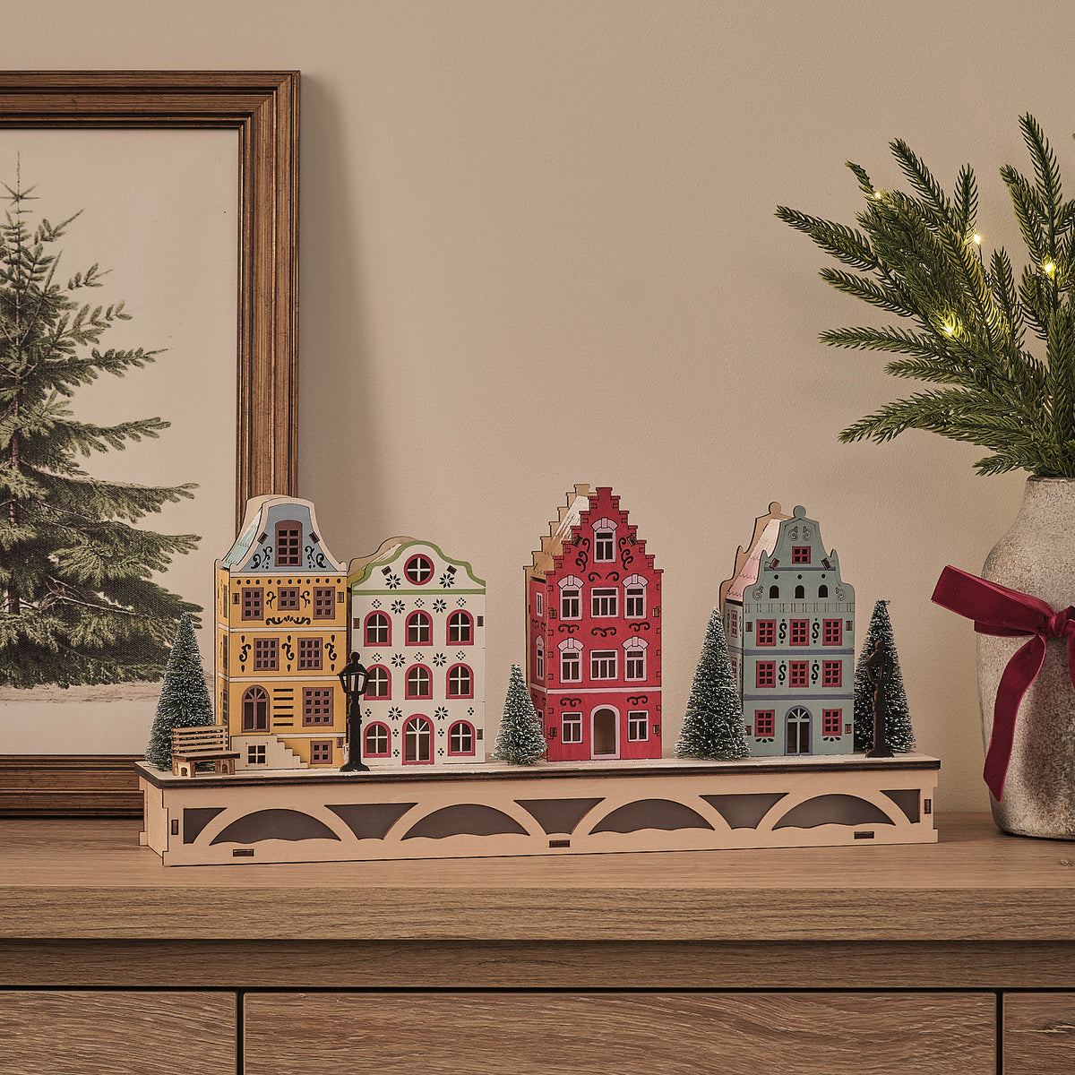 Scène de Noël Village d’Hiver Lumineuse en Bois