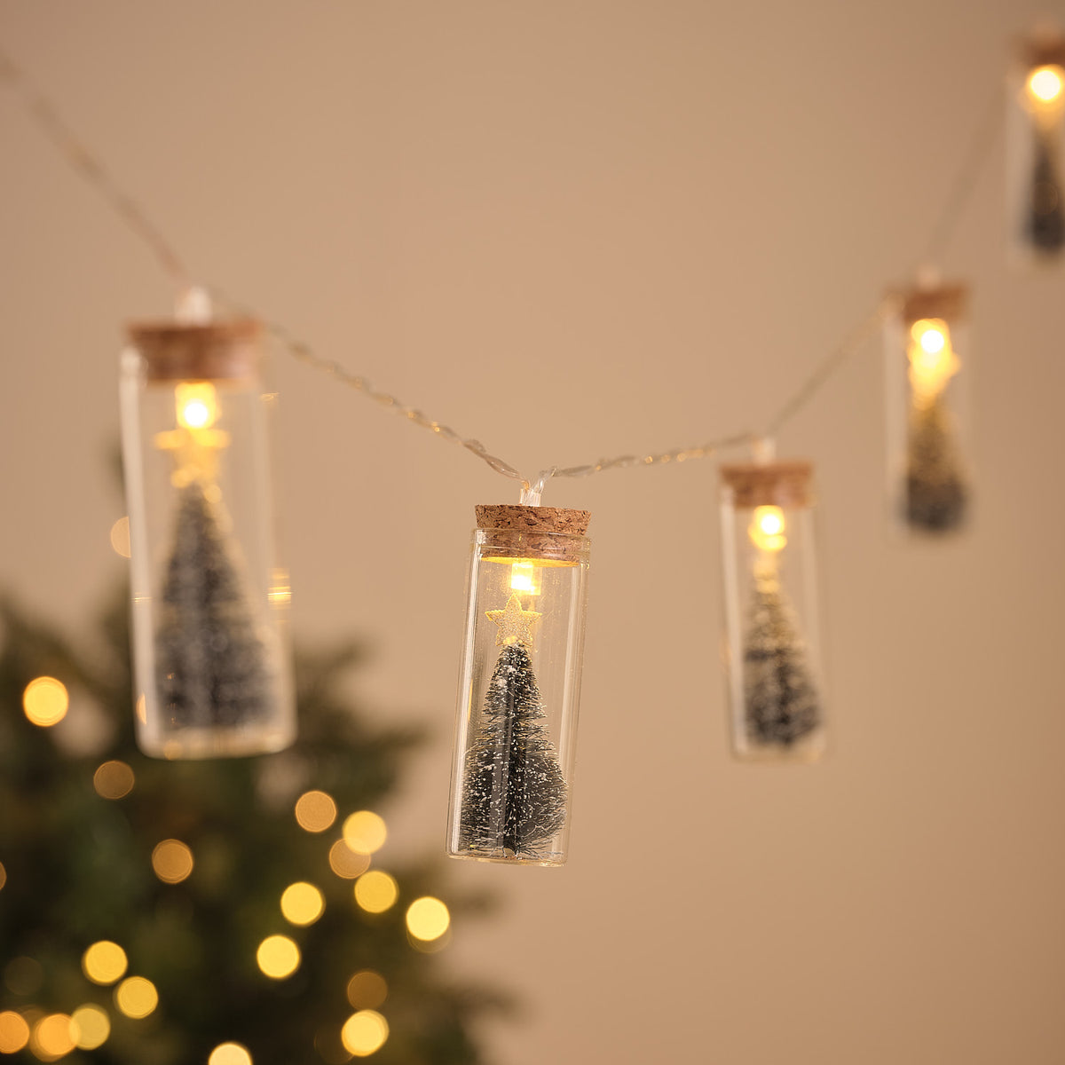 Guirlande Lumineuse à 10 Flacons en Verre avec Sapins de Noël Étoilés