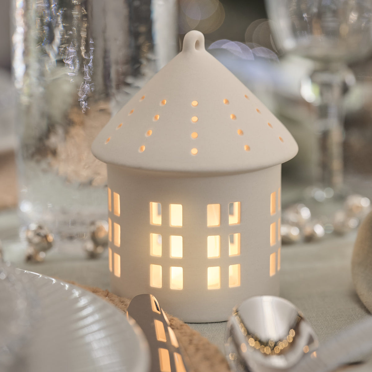 Lot de 2 Maisonnettes Lumineuses en Porcelaine Blanche