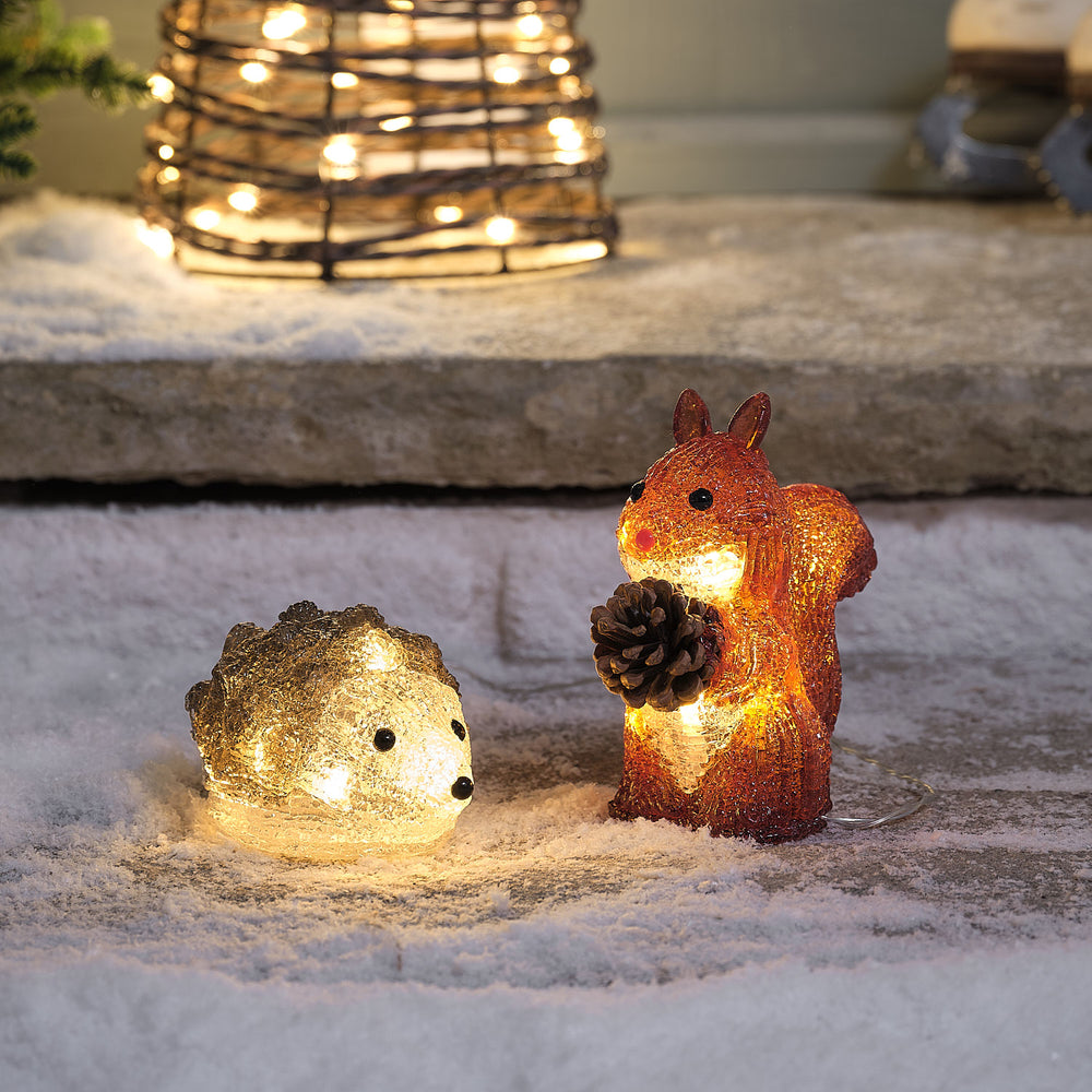 Sesil l'Écureuil et Hector le Hérisson, Duo d'Animaux Lumineux en Acrylique 3D d'Extérieur