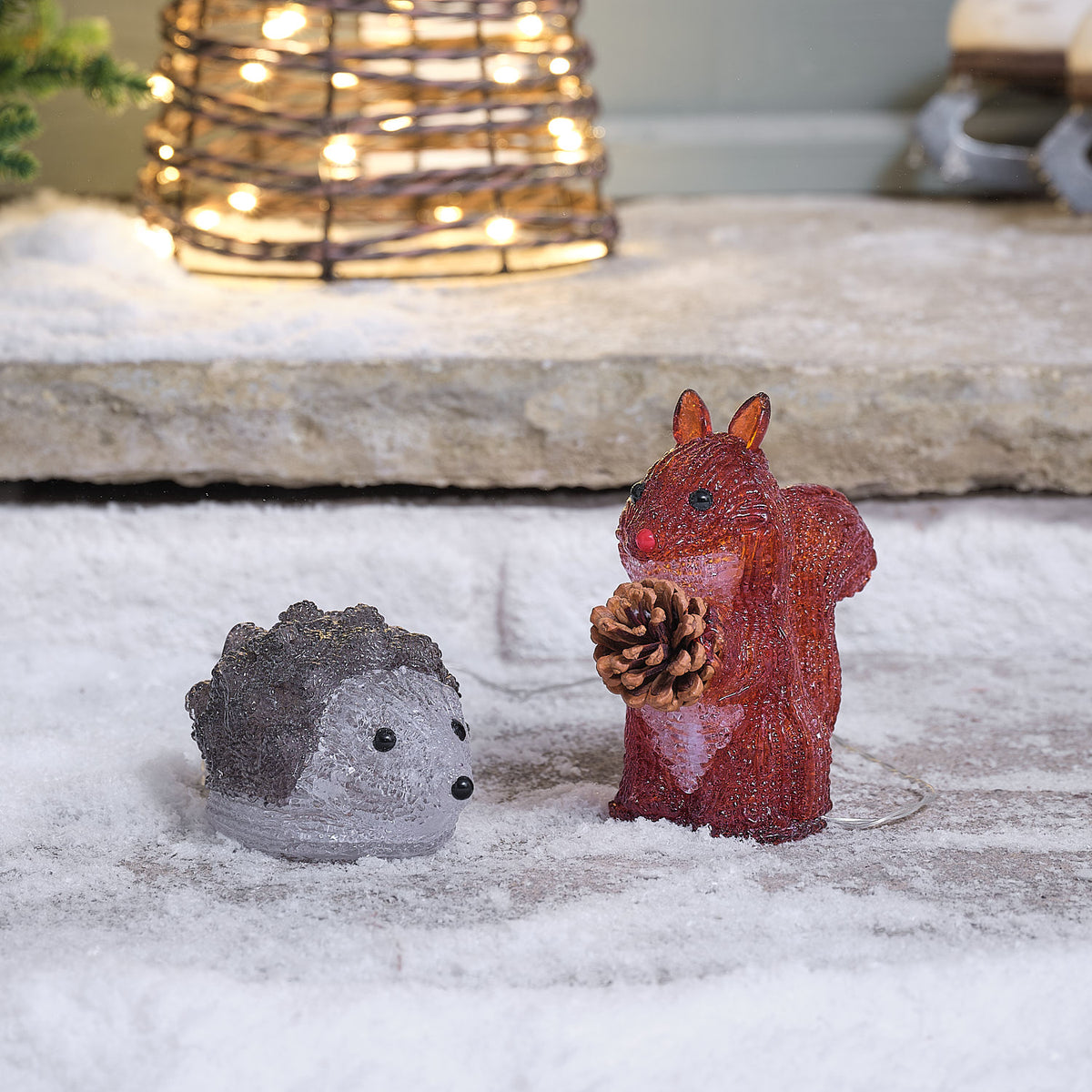 Sesil l'Écureuil et Hector le Hérisson, Duo d'Animaux Lumineux en Acrylique 3D d'Extérieur