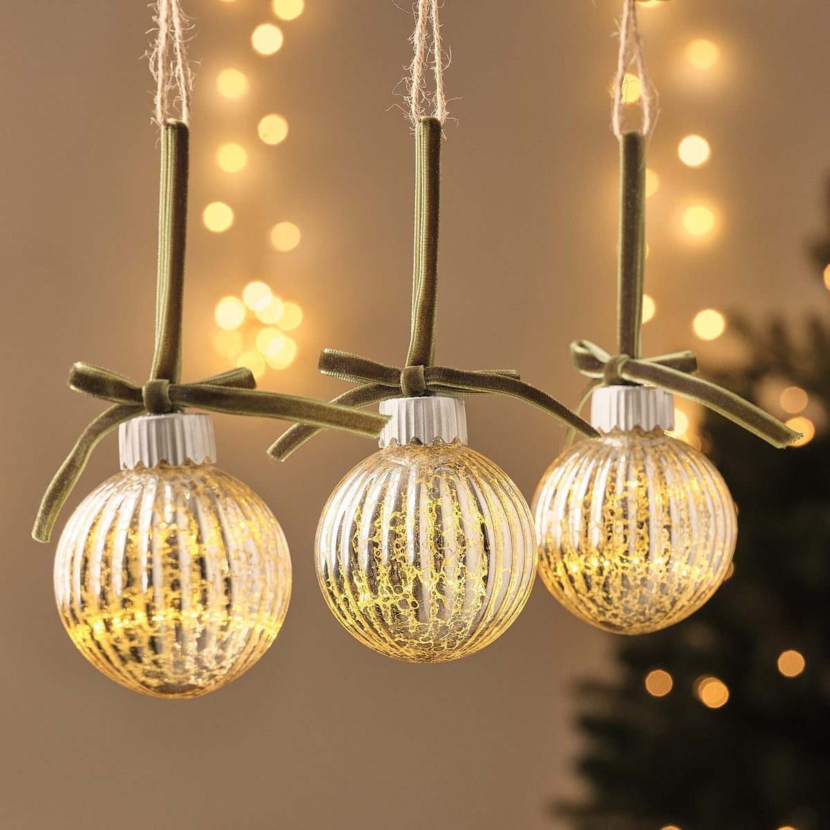 Lot de 3 Boules de Noël Lumineuses en Verre Ancien avec Nœud