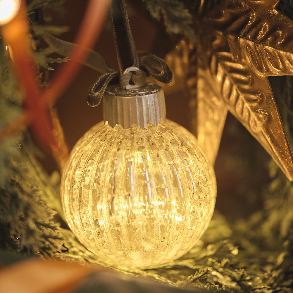 Lot de 6 Boules de Noël Lumineuses en Verre Ancien avec Nœud