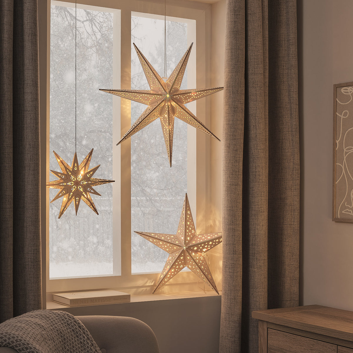 Lot de 3 Étoiles Lumineuses en Bois à Suspendre avec Télécommande