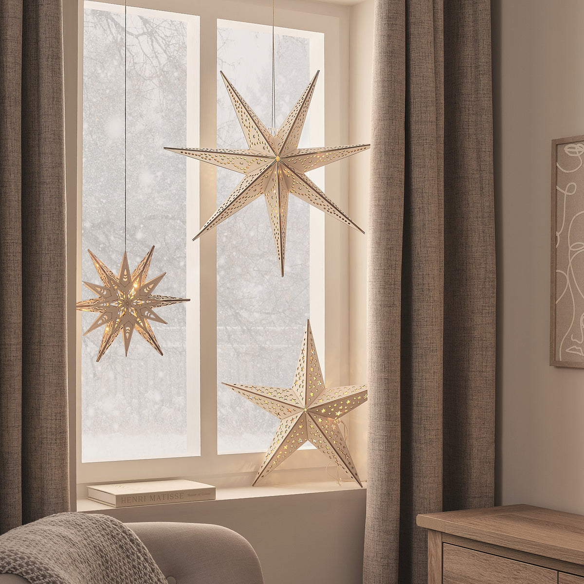 Lot de 3 Étoiles Lumineuses en Bois à Suspendre avec Télécommande