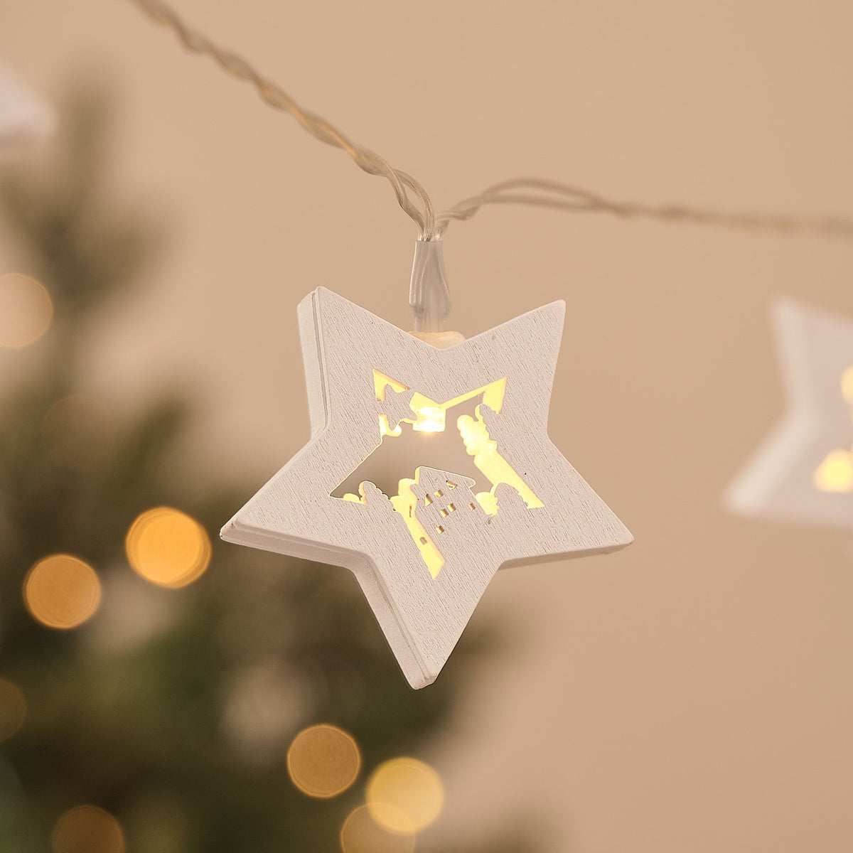 Guirlande Lumineuse à 10 Étoiles en Bois Scène de Noël
