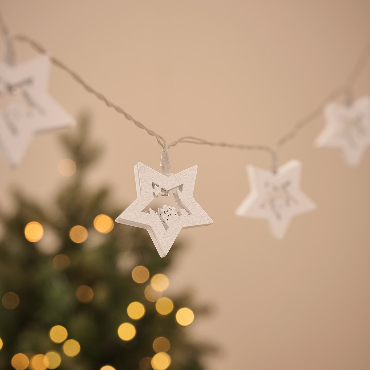 Guirlande Lumineuse à 10 Étoiles en Bois Scène de Noël