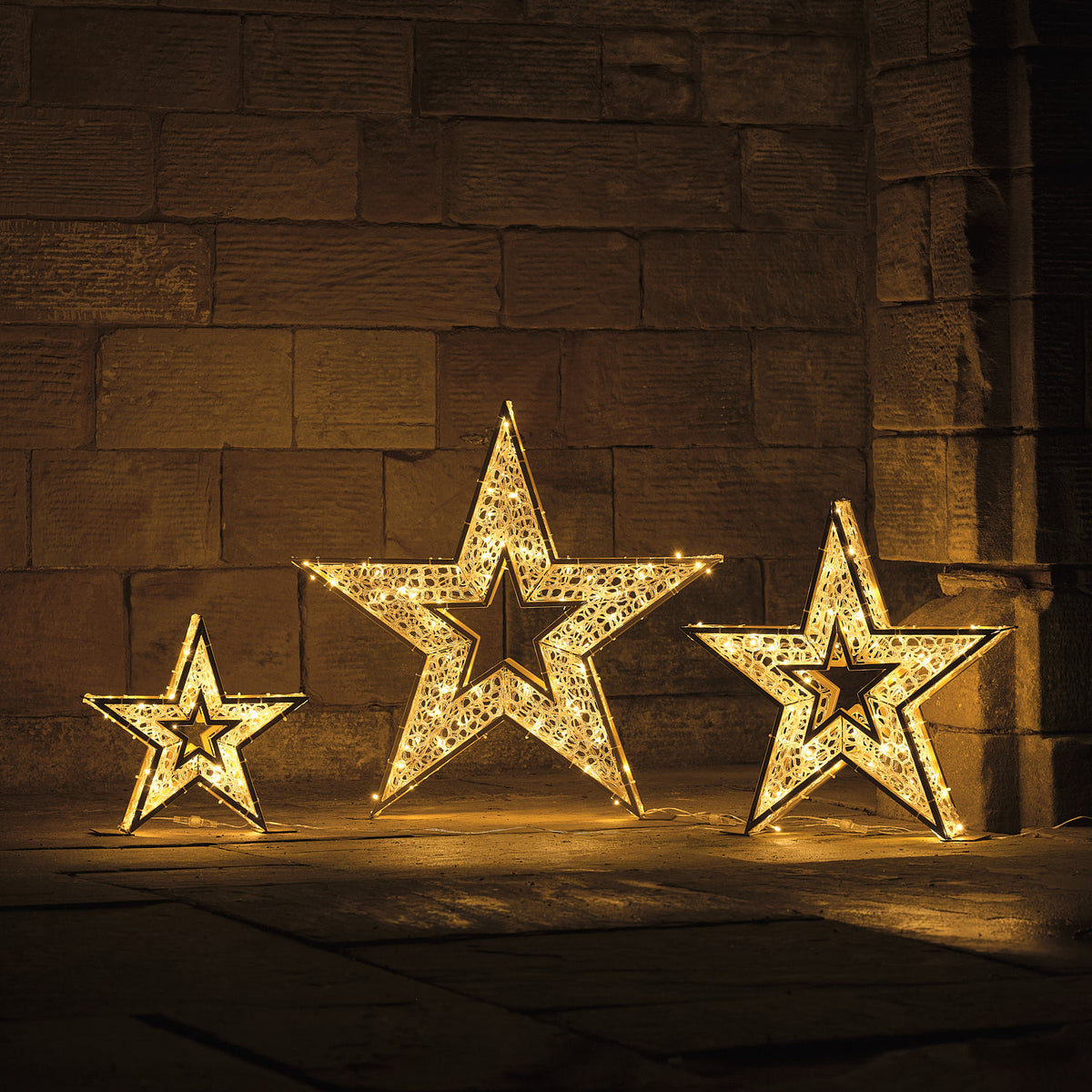 Lot de 3 Étoiles Lumineuses d’Extérieur en Métal Doré et Acrylique de 40, 60 et 80 cm