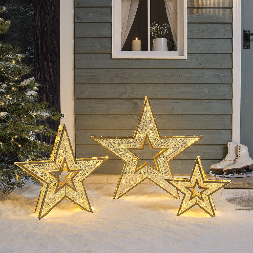 Lot de 3 Étoiles Lumineuses d’Extérieur en Métal Doré et Acrylique de 40, 60 et 80 cm
