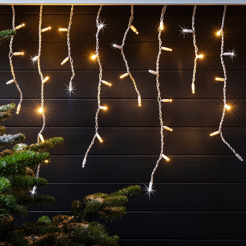 Guirlande Stalactite Pro Connect IP67, 2m 100 LED Blanc Chaud Scintillante Câble Blanc Raccordable