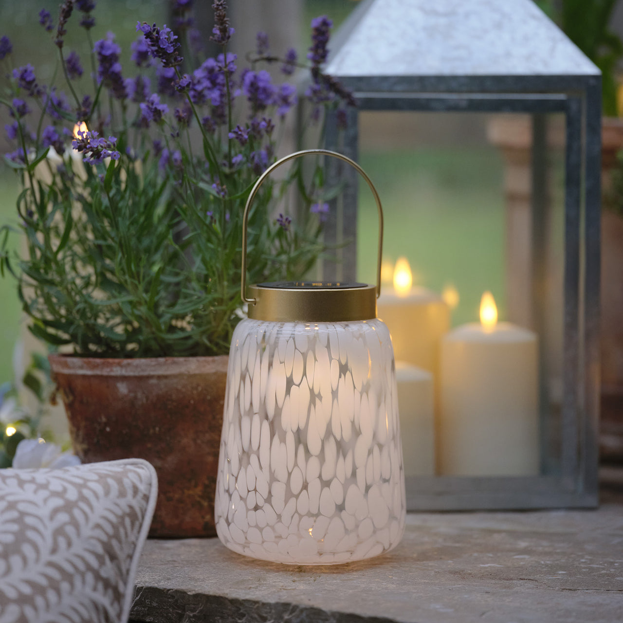 Lanterne Solaire de Table en Verre Moucheté Effet Confetti