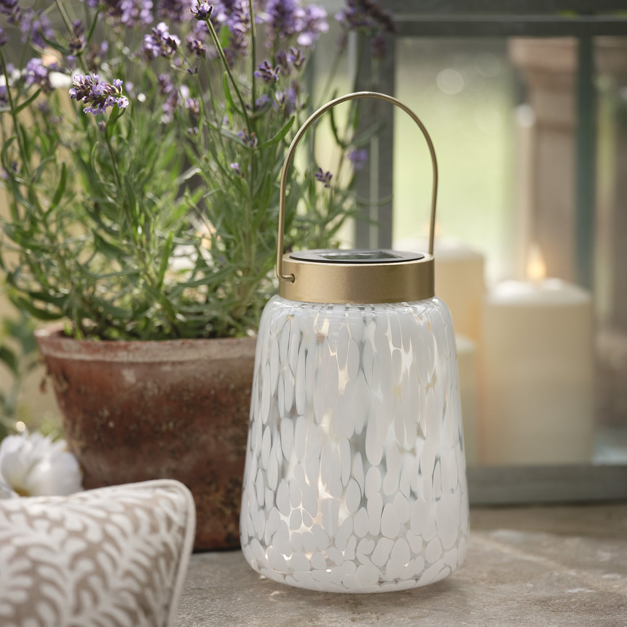 Lanterne Solaire de Table en Verre Moucheté Effet Confetti