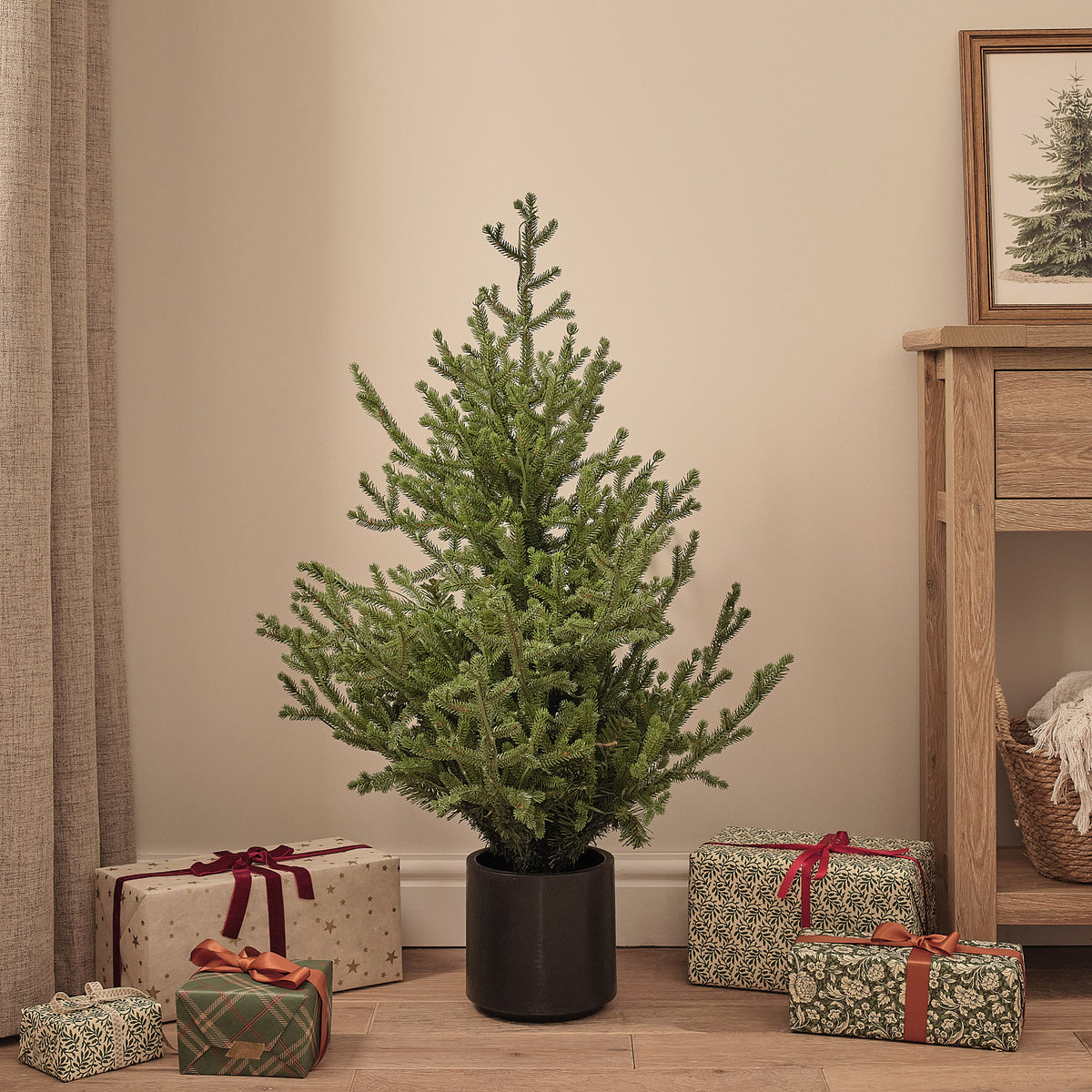 Sapin de Noël d’Extérieur Pré-éclairé en Pot, Feuillage Style Grandis, 90 cm