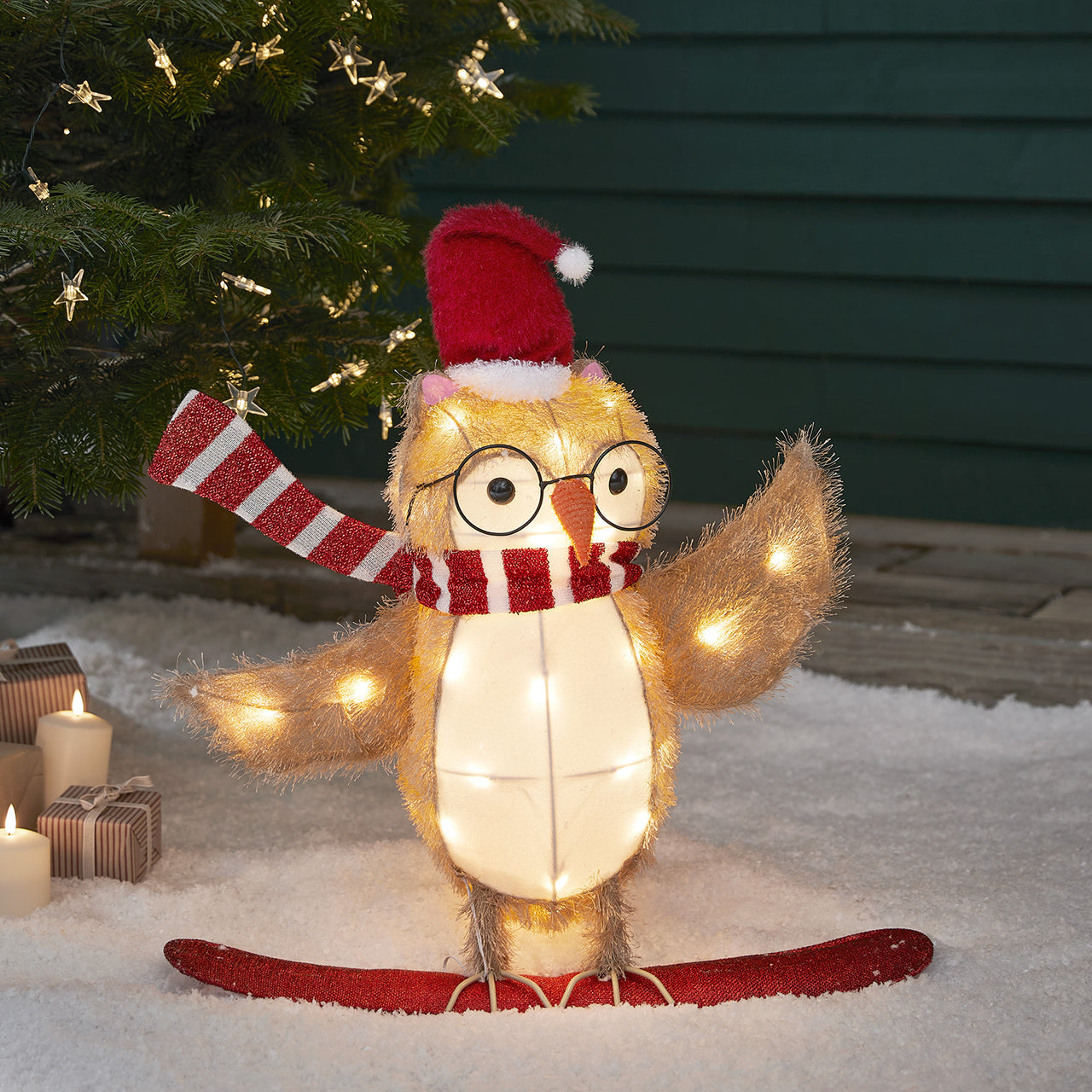 Hibou Lumineux sur Luge, Figurine de Noël à Piles –