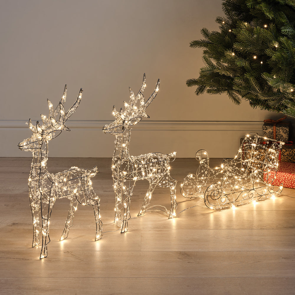 Set de 2 Mini Rennes et Traîneau Lumineux à Perles et Micro-LED