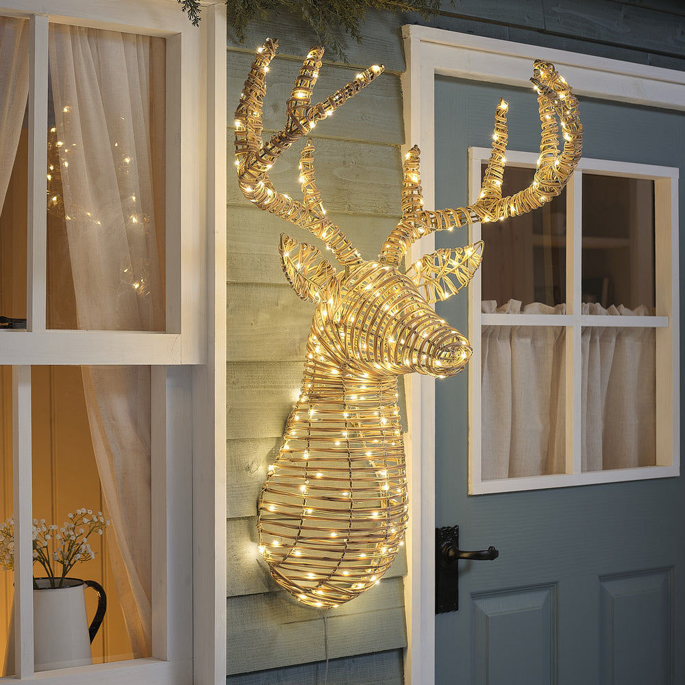 Tête de Cerf Lumineuse Leyburn de 87 cm en Rotin à 230 LED Bicolores