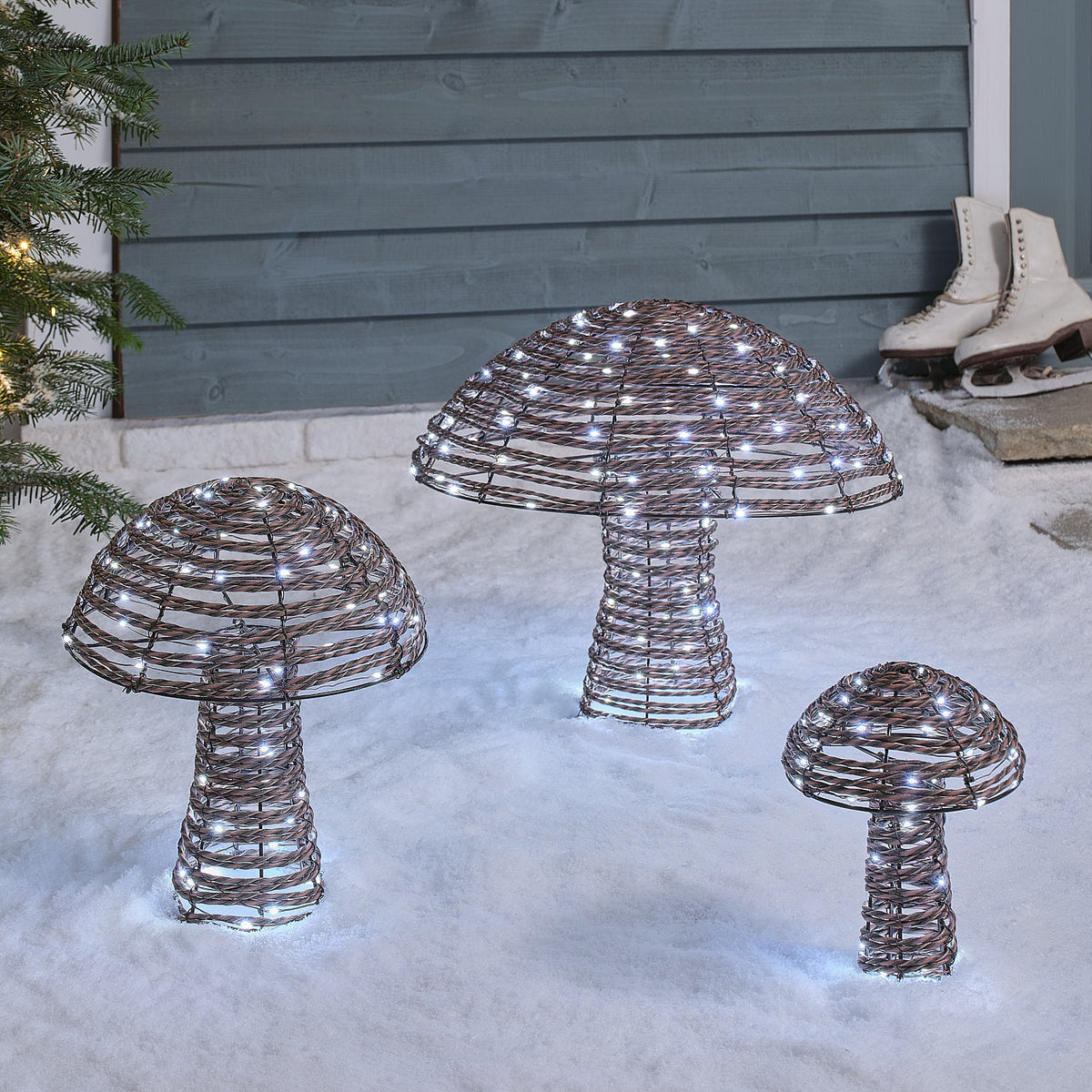 Lot de 3 Champignons Lumineux Pateley en Rotin de 45, 35 et 25 cm à 270 LED Bicolores
