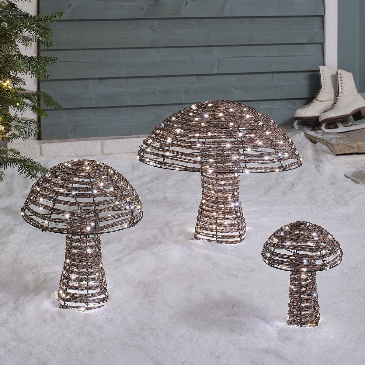 Lot de 3 Champignons Lumineux Pateley en Rotin de 45, 35 et 25 cm à 270 LED Bicolores