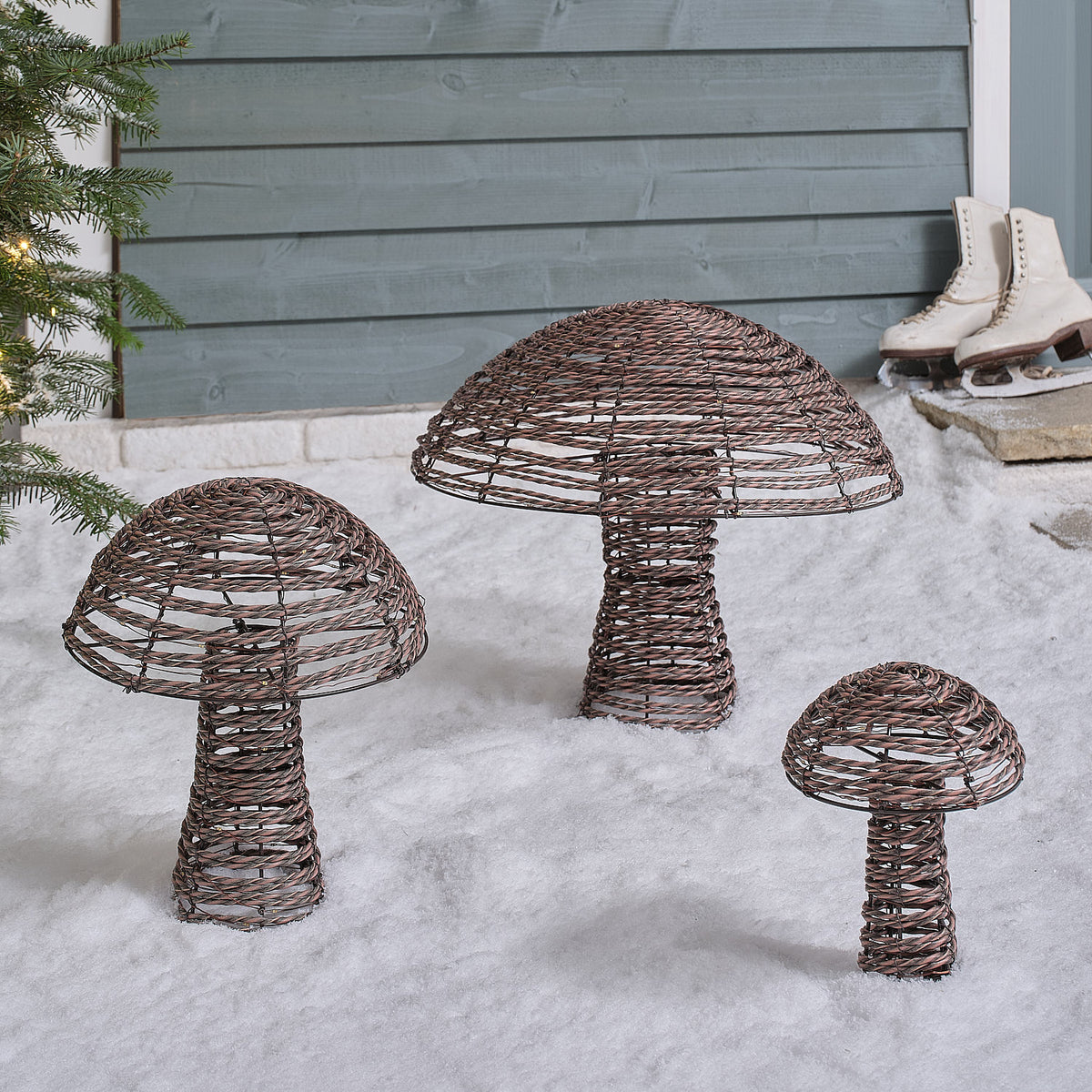 Lot de 3 Champignons Lumineux Pateley en Rotin de 45, 35 et 25 cm à 270 LED Bicolores