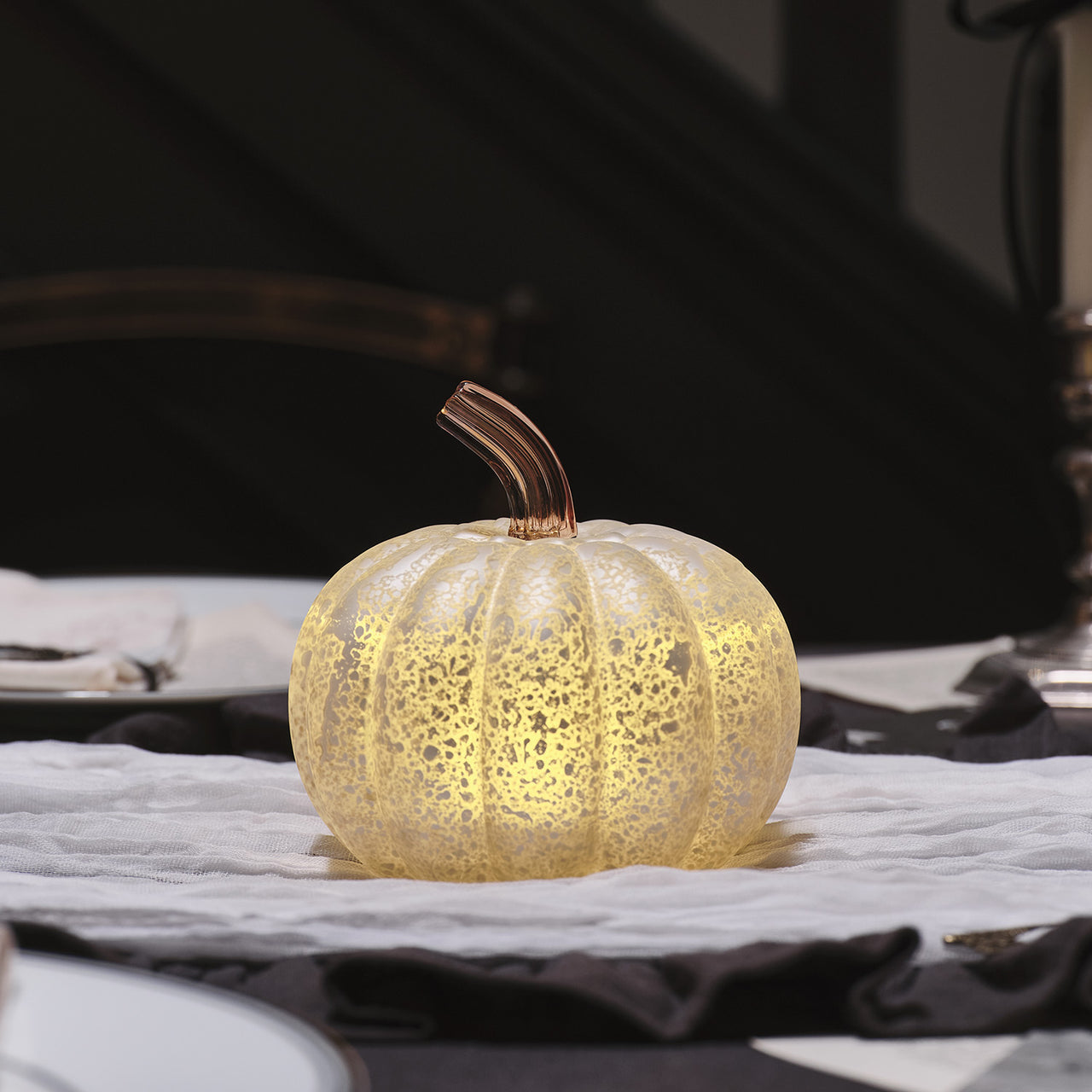 Citrouille Lumineuse en Verre à la Patine Blanche