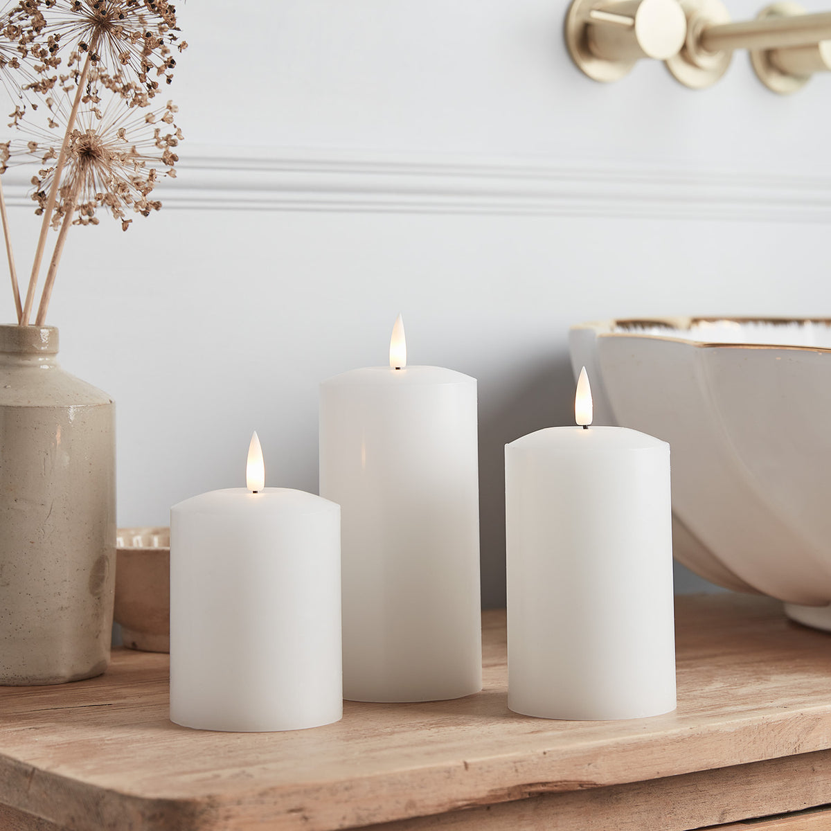 Lot De 3 Bougies LED Cire Grise à Piles Avec Télécommande - Flamme Vacillante Blanc Chaud 15cm