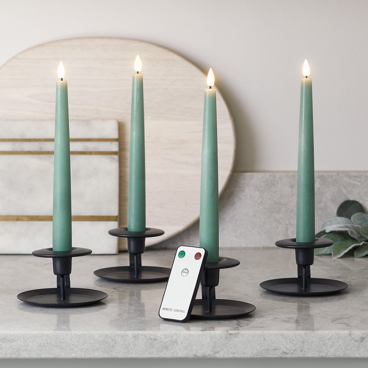 4 Chandelles TruGlow® Vert Eucalyptus Télécommandées