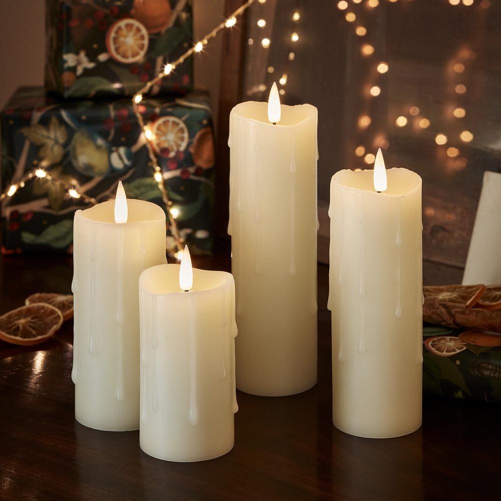 4 Bougies Piliers TruGlow® Ivoire Effet Cire Fondue avec Télécommande