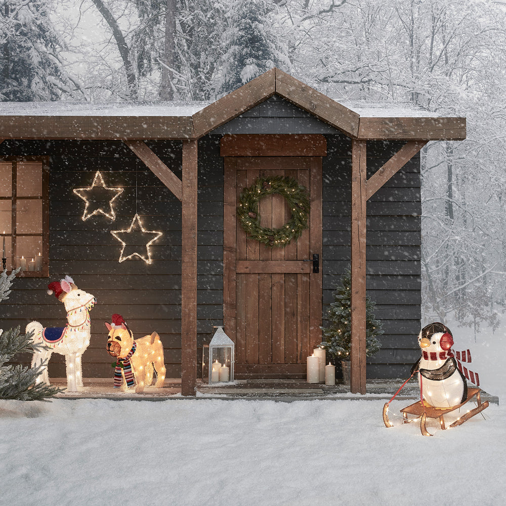 Figurines de Noël en forme d'Alpaga, Pingouin en Luge et Bouledogue